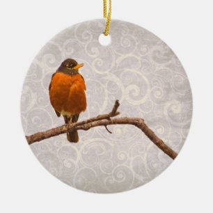 Robin Photo with Damask Swirl Design Ceramic Tree Decoration
