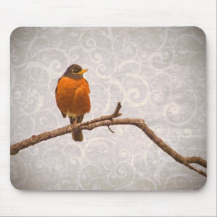 Robin Photo with Damask Swirl Design Mouse Mat