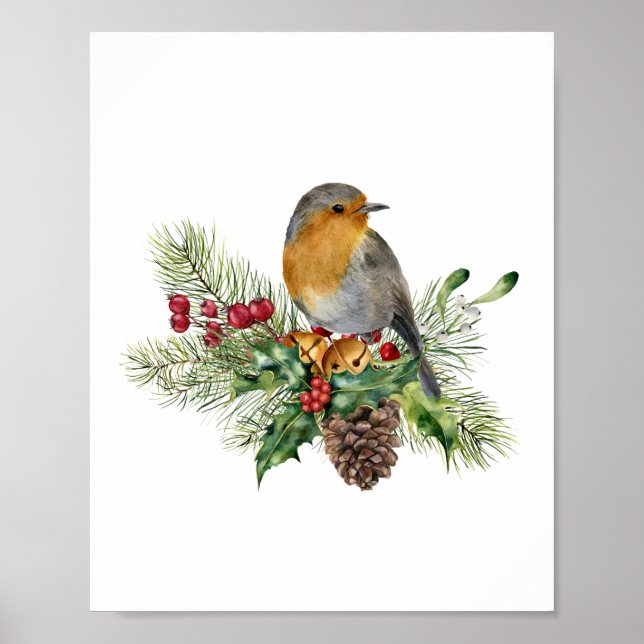 Robin, pine, candy canes, poinsettia Christmas Poster (Front)