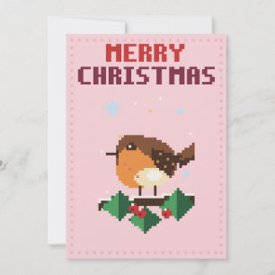 Robin Pink Pixel Art Christmas Card