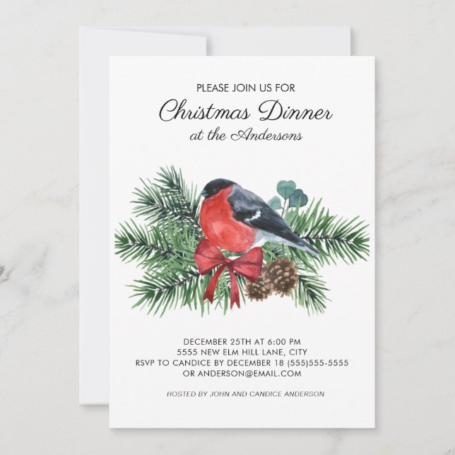 Robin Red Bird Winter Pine Trees Christmas Dinner  Invitation (Front)