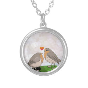 Robin red breast bird love silver plated necklace