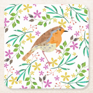 Robin Red Breast, bird of Christmas Square Paper Coaster