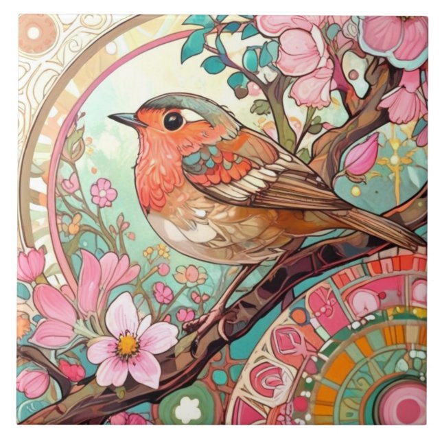 Robin Red Breast Bird Pink Floral Spring Flowers Tile (Front)
