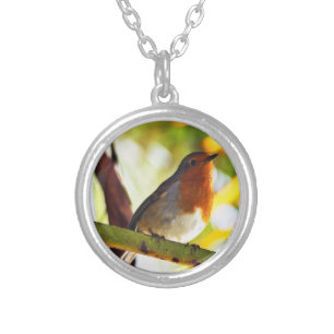 Robin red breast bird silver plated necklace