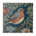 Robin Red Breast Bird William Morris style Right Tile<br><div class="desc">"country classic birding art nouveau",  "european robin red breast bird",  "sage green woodland animals",  "british william morris ceramic tile",  "leafy dark navy blue",  "stylish red forest tree leaves",  "right facing vintage english birds",  "wildlife garden animal on branch",  "nature floral flower botanical",  "leaf flowers traditional antique"</div>