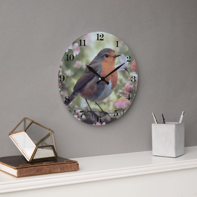 Robin Red Breast In Nature | Trees And Flowers Large Clock (Office)