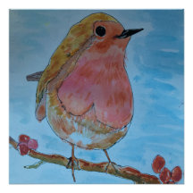 Robin Red water colour Glossy Poster
