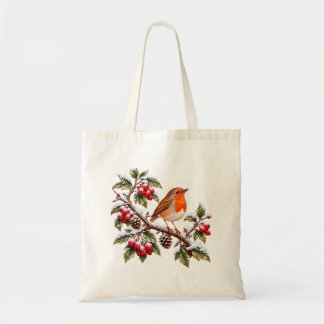 Robin Redbreast on Snowy Winter Branch Christmas Tote Bag