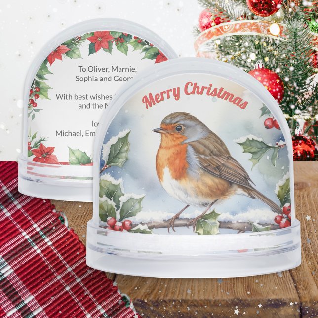 Robin Redbreast Watercolor Christmas Personalised Snowglobe (A Christmas snowglobe with robin picture in a watercolor style and customizable text on the back)