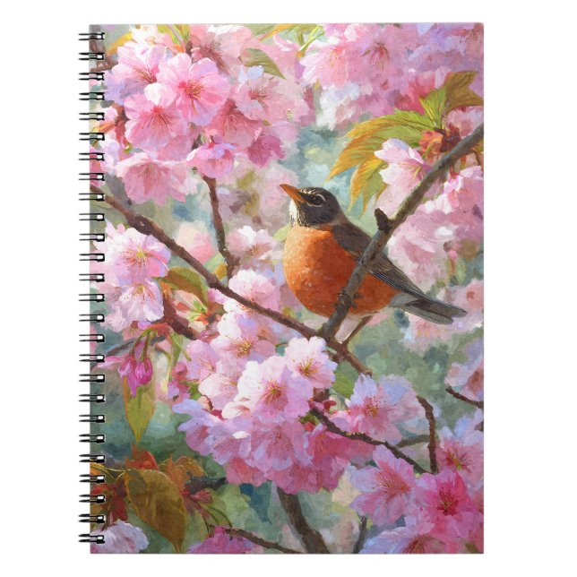 Robin Singing Cherry Blossom Spring Art Notebook (Front)