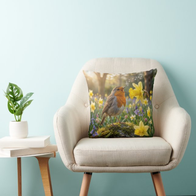 Robin Singing Into a Daffodil Cushion (Chair)
