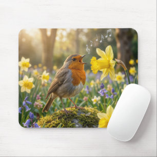 Robin Singing Into a Daffodil Mouse Mat