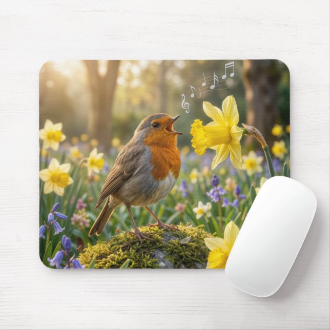 Robin Singing Into a Daffodil Mouse Mat (With Mouse)