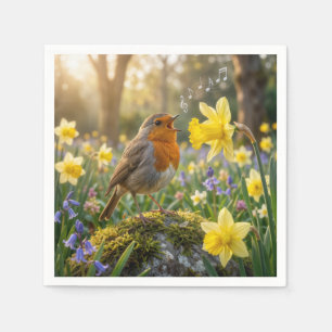 Robin Singing Into a Daffodil Napkin