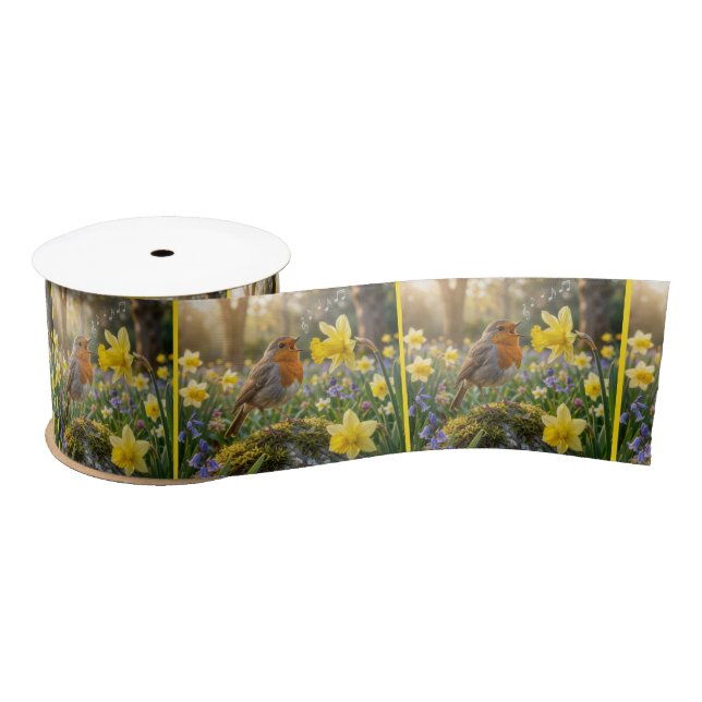 Robin Singing Into a Daffodil Satin Ribbon (Spool)