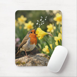 Robin Singing into a Spring Daffodil Mouse Mat