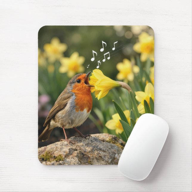 Robin Singing into a Spring Daffodil Mouse Mat (With Mouse)