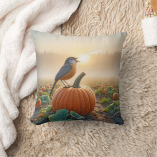 Robin Singing On a Pumpkin Cushion