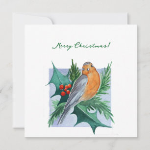 Robin Sitting On A Holly Branch Christmas Card