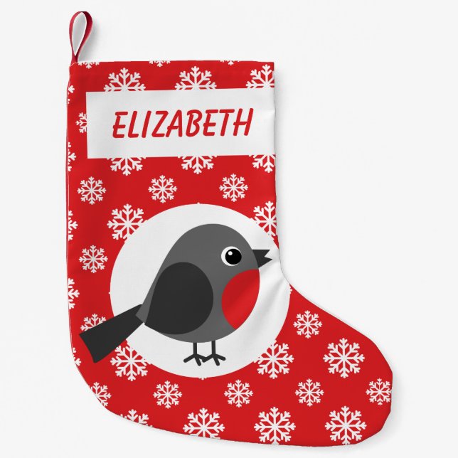 Robin Snowflakes Personalised Red Small Christmas Stocking (Front)