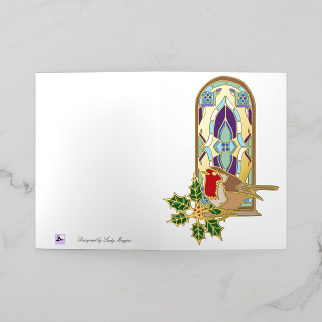 Robin Stained Glass Holly Christmas Card Gold Foil (Outside Laydown)