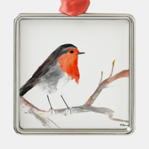 Robin watercolor bird Christmas winter festive  Metal Tree Decoration