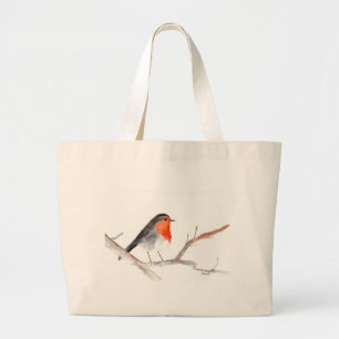 Robin watercolor Christmas festive animal bird  Large Tote Bag