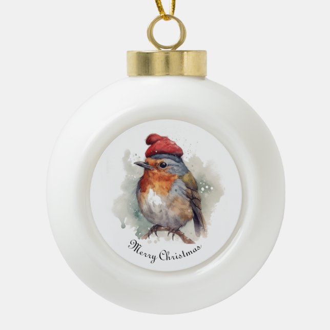 Robin Winter Delight, custom Ceramic Ball Christmas Ornament (Front)