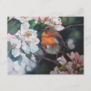 Robin with cherry blossom postcard