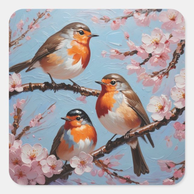 Robins and cherry blossoms square sticker (Front)