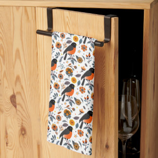 Robins And Flowers Tea Towel