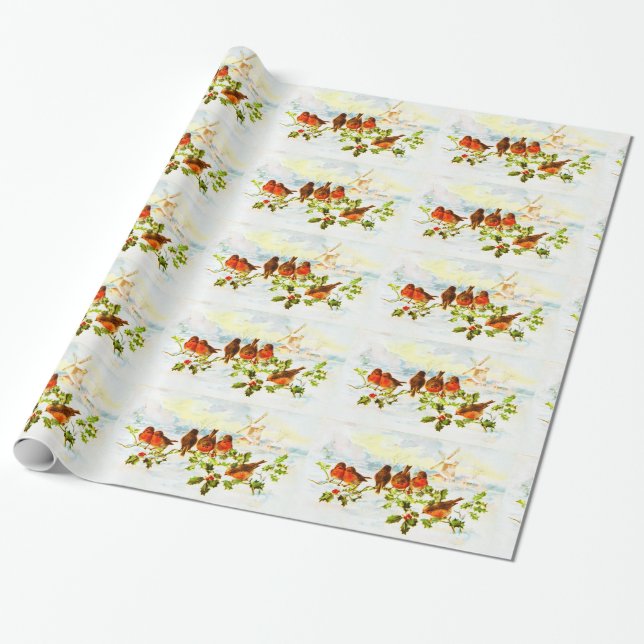 Robins and holly wrapping paper (Unrolled)