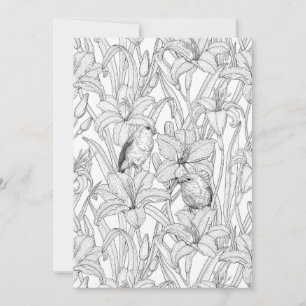 Robins and lilly flowers, black and white