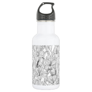 Robins and lilly flowers, black and white 532 ml water bottle
