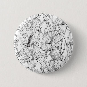 Robins and lilly flowers, black and white 6 cm round badge
