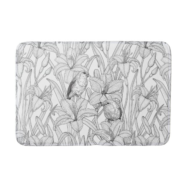 Robins and lilly flowers, black and white bath mat (Front)