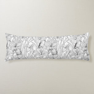 Robins and lilly flowers, black and white body cushion