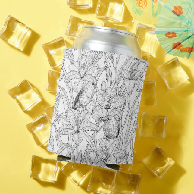 Robins and lilly flowers, black and white can cooler (In Situ Summer)