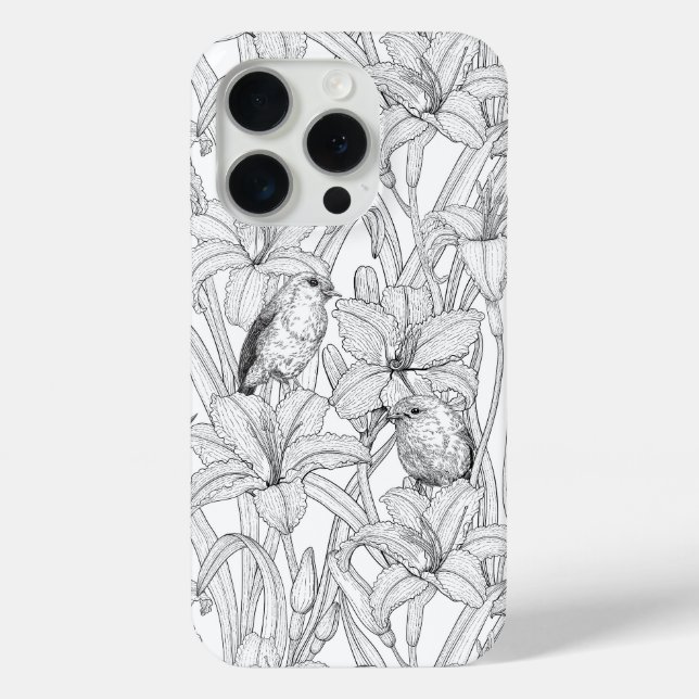 Robins and lilly flowers, black and white Case-Mate iPhone case (Back)