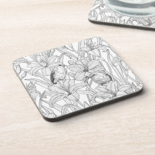 Robins and lilly flowers, black and white coaster