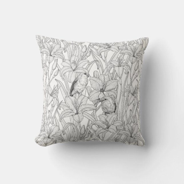 Robins and lilly flowers, black and white cushion (Front)