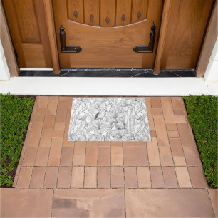 Robins and lilly flowers, black and white doormat