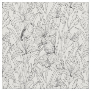 Robins and lilly flowers, black and white fabric