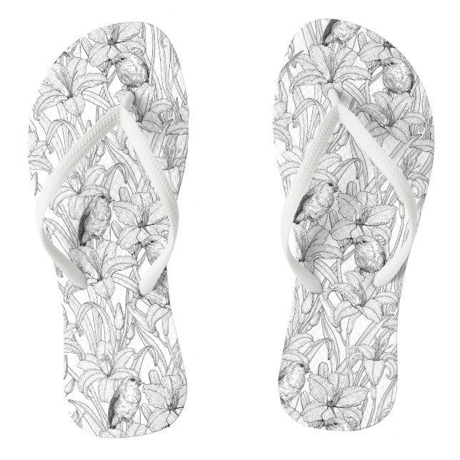 Robins and lilly flowers, black and white flip flops (Footbed)