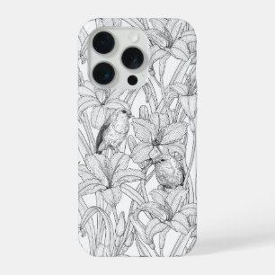 Robins and lilly flowers, black and white iPhone 15 pro case