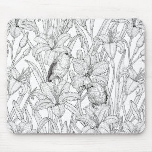 Robins and lilly flowers, black and white mouse mat