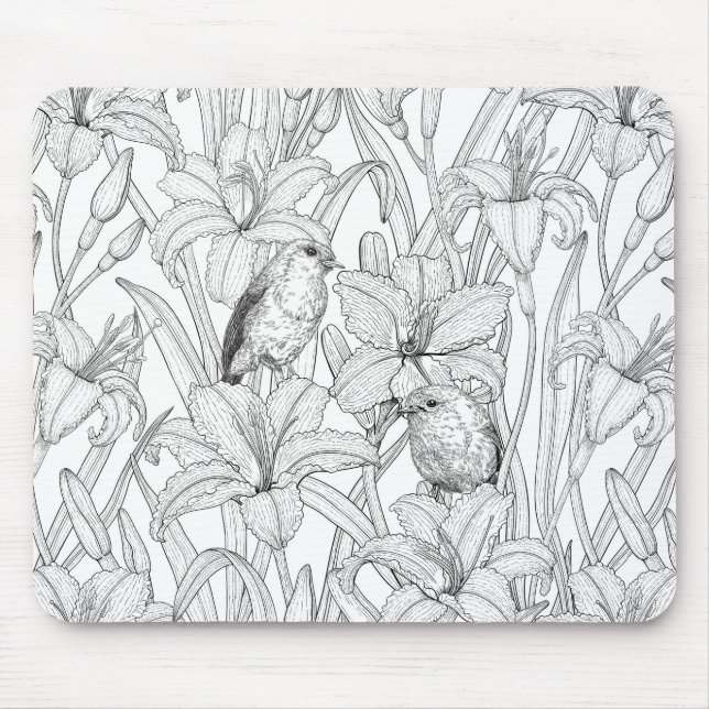 Robins and lilly flowers, black and white mouse mat (Front)