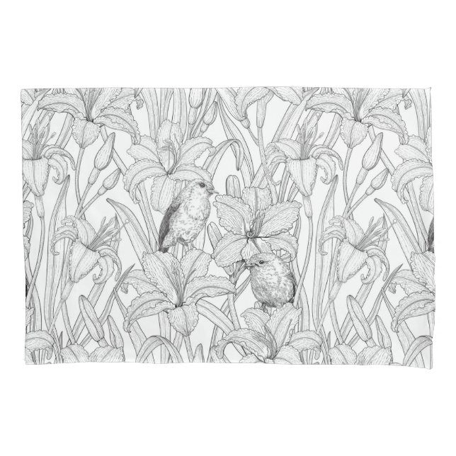 Robins and lilly flowers, black and white pillowcase (Front-Left)