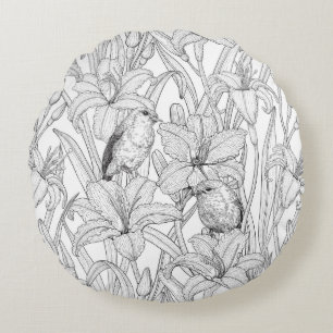 Robins and lilly flowers, black and white round cushion